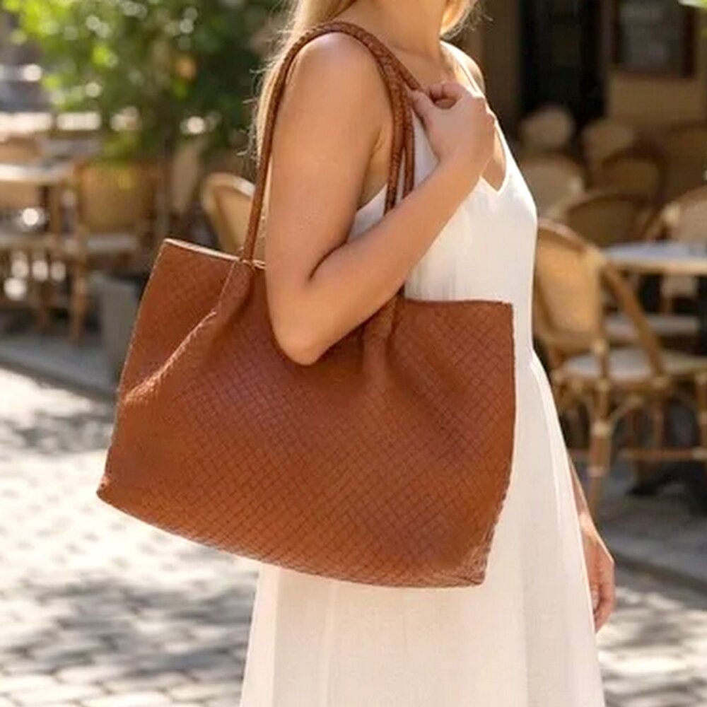 Lulu Dharma Woven Vegan Leather Tote Shoulder Bag